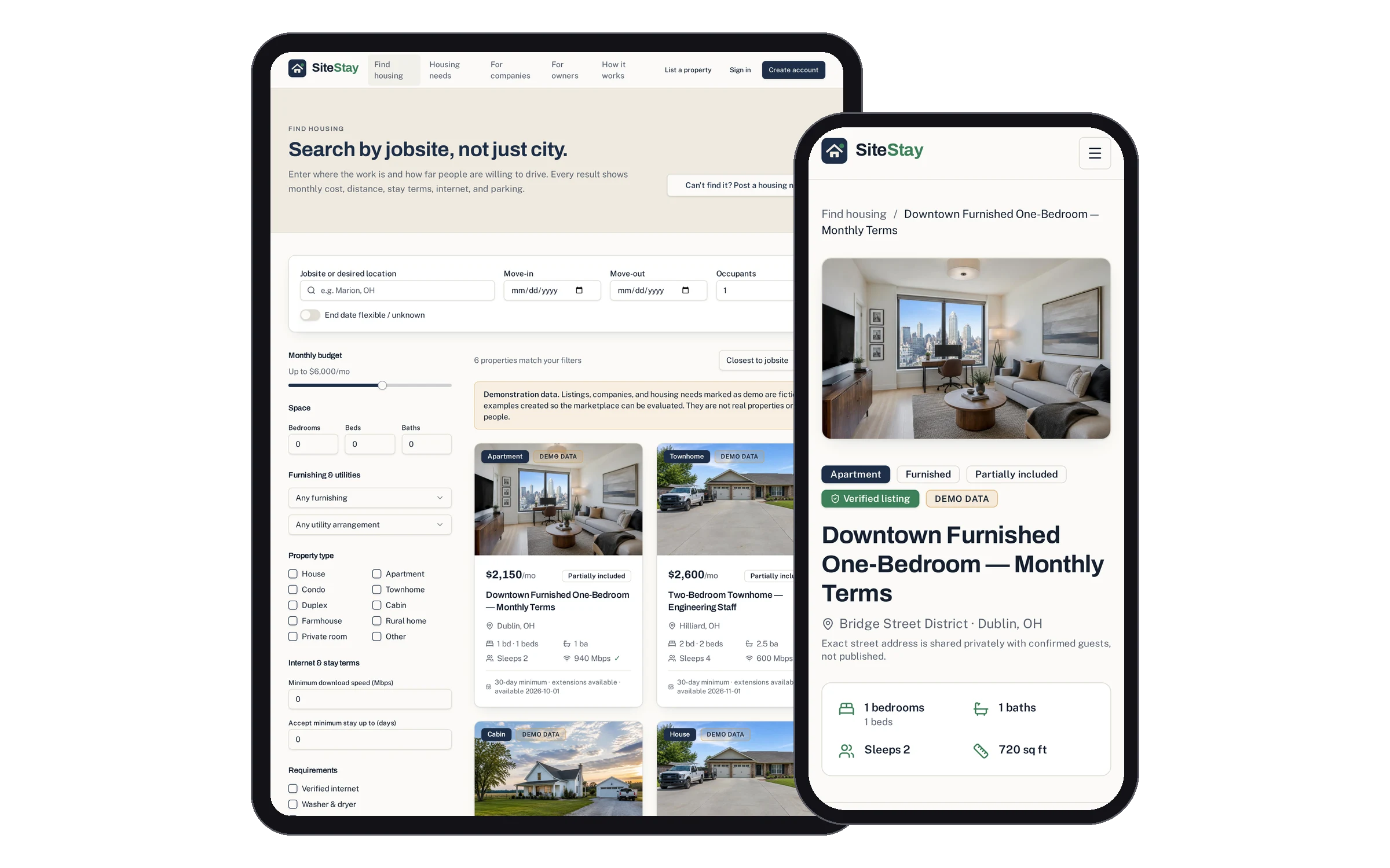 SiteStay running on a tablet (search by jobsite) and a phone (listing details)