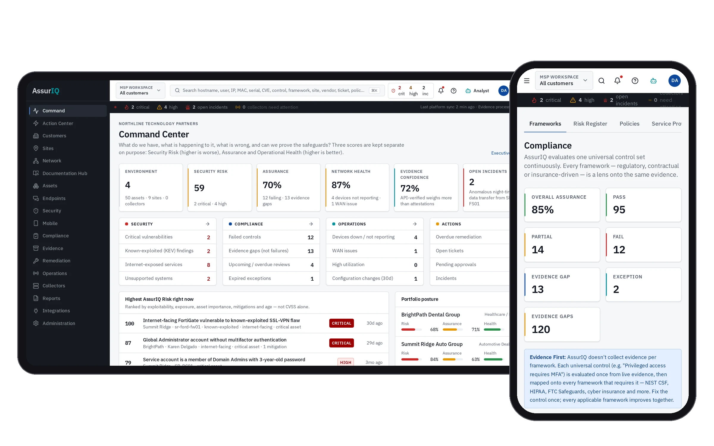 AssurIQ running on a tablet (MSP Command Center with risk, assurance and network health) and a phone (evidence-first compliance summary)