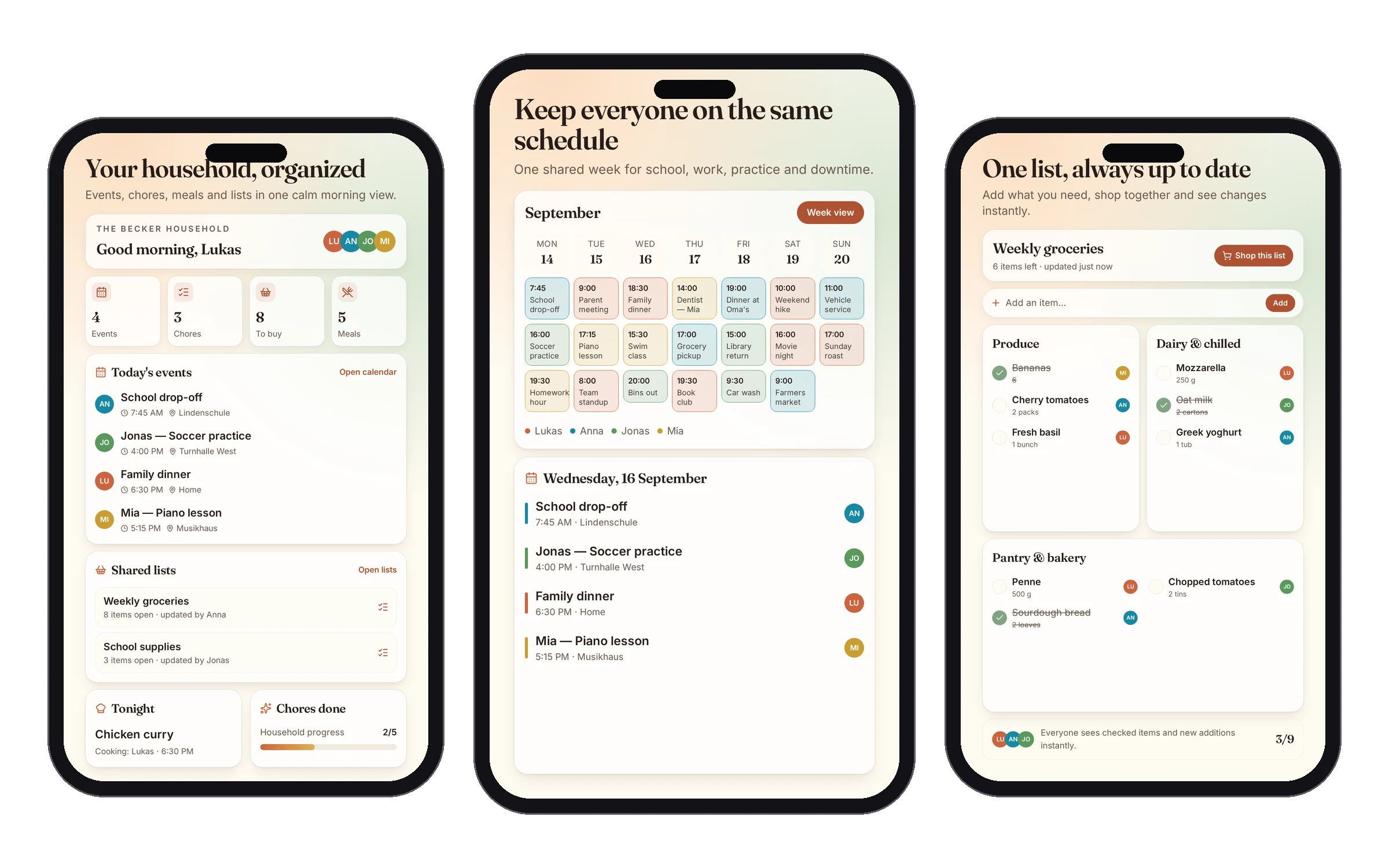 Three phones running HausPlatz: household dashboard, shared weekly calendar and shared grocery list